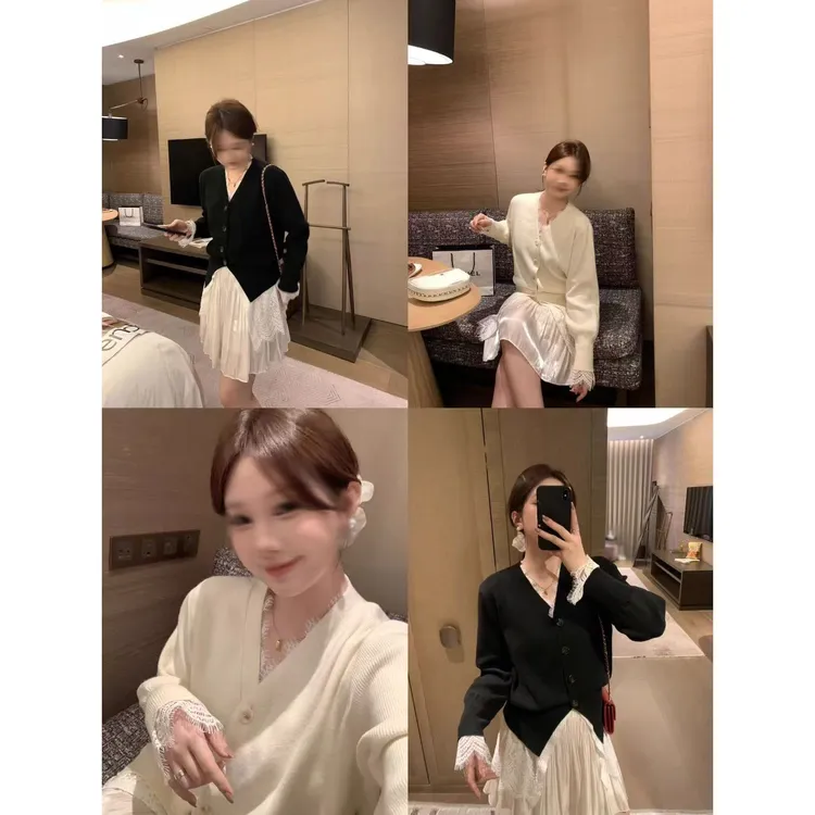 【小巧定制】XQ2634秋季新款甜美显瘦蕾丝毛衣外套大码女装