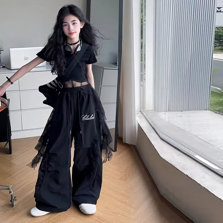 女大童爵士舞短袖工装裤套装2025新款个性美式女孩夏季街舞两件套