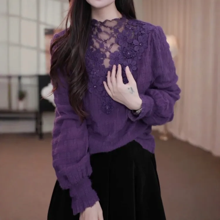 设计感蕾丝网纱拼接半高领打底衫女秋冬款洋气别致中长款内搭小衫