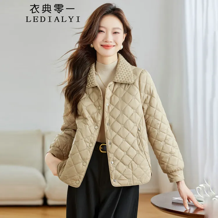 菱格夹棉外套女短款2025秋冬新款时尚洋气小个子时尚气质翻领棉服
