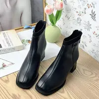 3759B  新款时尚百搭粗跟方头短靴加绒