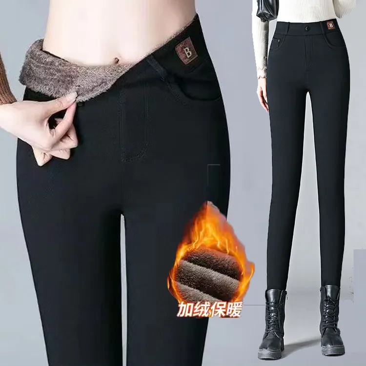 冬季加绒加厚显瘦保暖小黑裤秋冬高腰弹力小脚裤日常新中式外穿