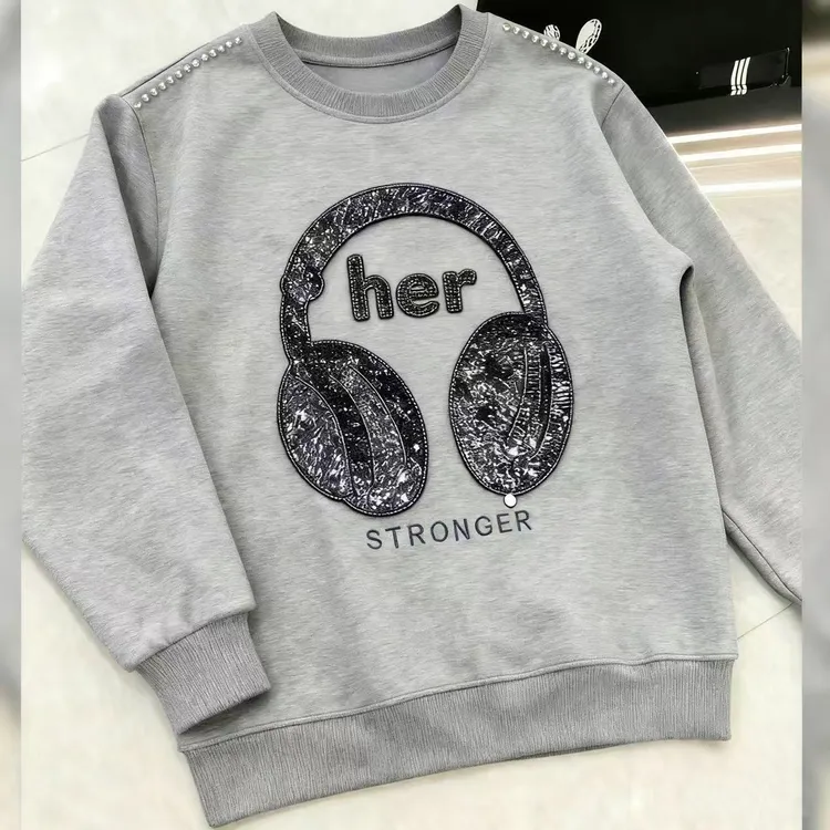 时尚休闲卫衣女新款刺绣珠片绣设计感显瘦百搭圆领上衣女2025秋冬