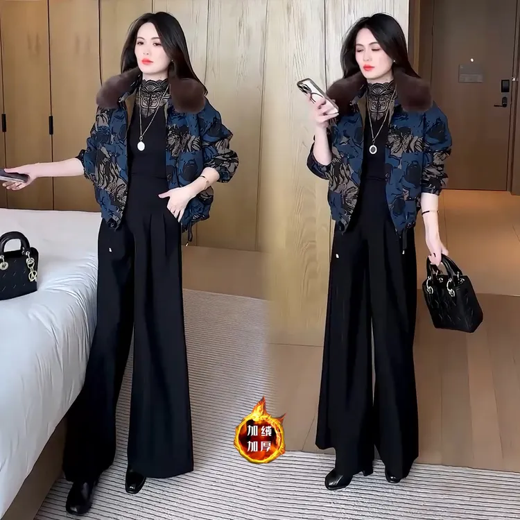 洋气毛领子加绒加厚印花短外套女2025冬季时髦显瘦保暖夹克上衣潮