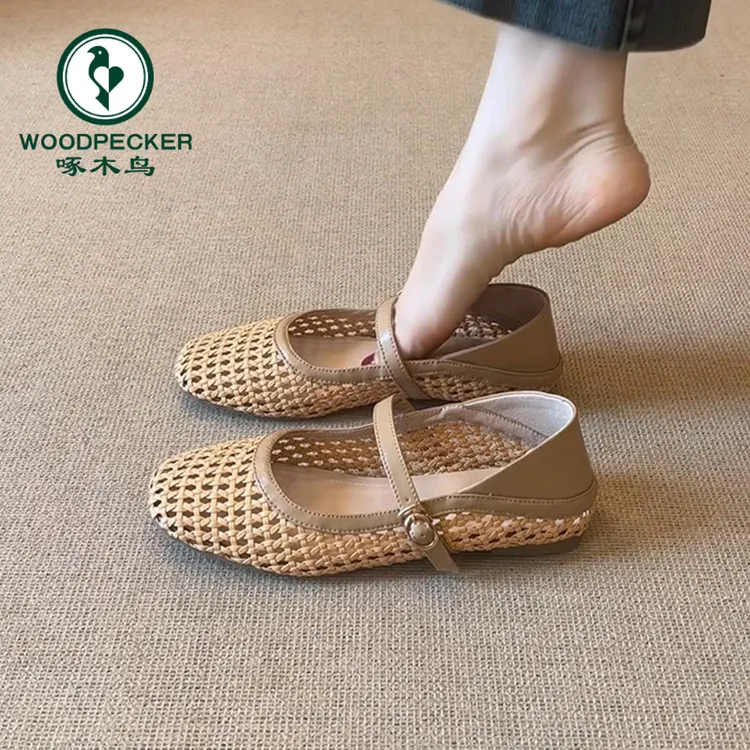 啄木鸟法式文艺风编织镂空外穿透气玛丽珍凉鞋女一字带平底单鞋子