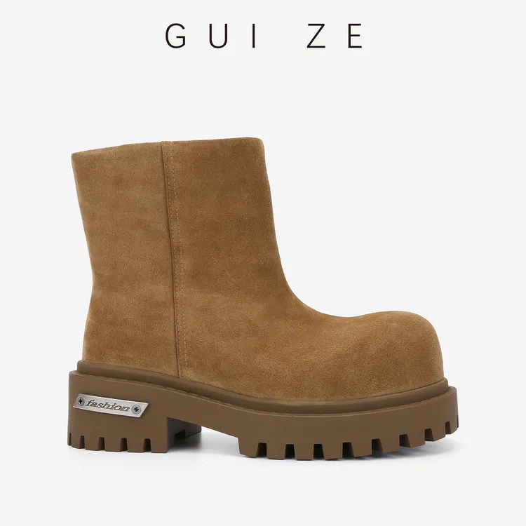 极简时髦厚底增高马丁靴2025秋冬新款真皮大圆头女靴子短靴骑士靴