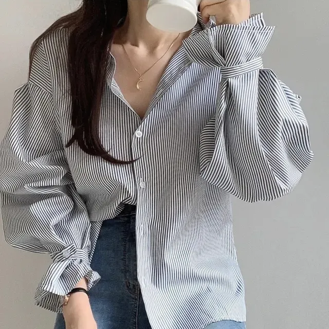 条纹韩版法式长袖喇叭袖灰衬衫宽松复古时尚百搭洋气衬衫外穿港味