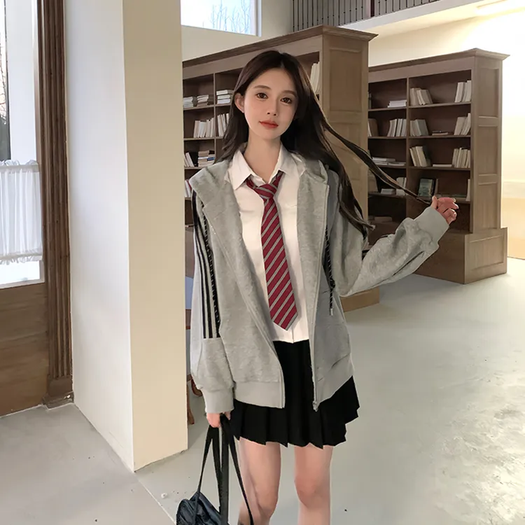 东京岁时记jk春秋制服学院风灰色连帽卫衣拉链款宽松学院风外套女
