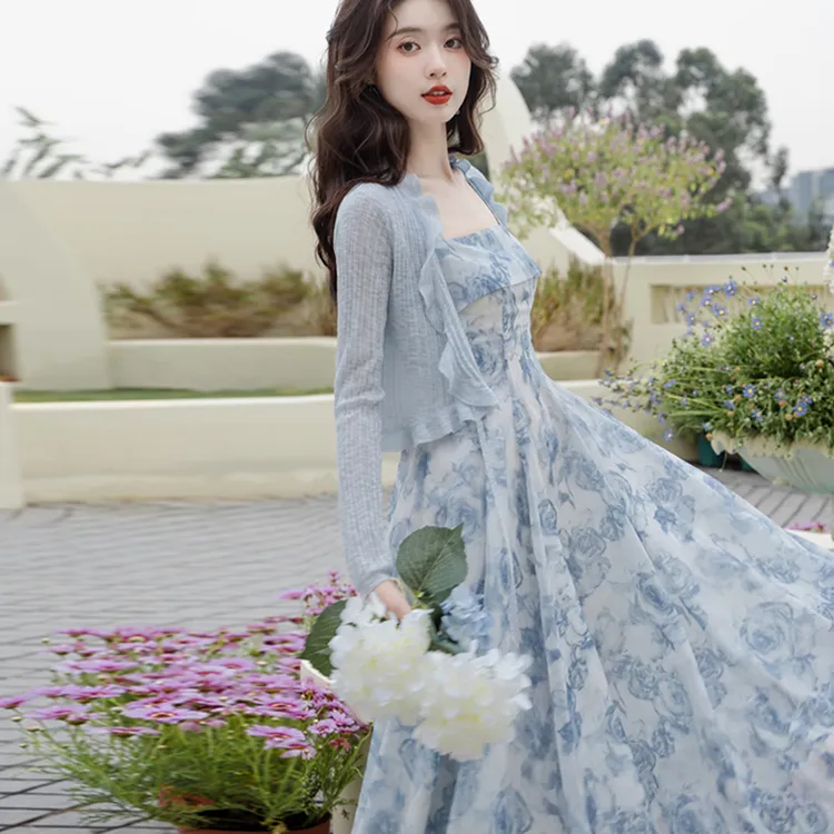仙气连衣裙夏修身显瘦甜美裙子套装透气礼服春夏法式蓝色气质长袖