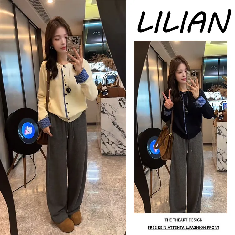 韩系氛围感穿搭秋季2025新款复古气质针织假两件毛衣休闲裤两件套