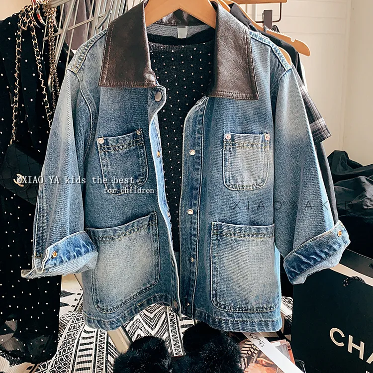 中长款牛仔外套女童秋季新款韩式儿童潮范上衣宝宝时髦皮翻领夹克