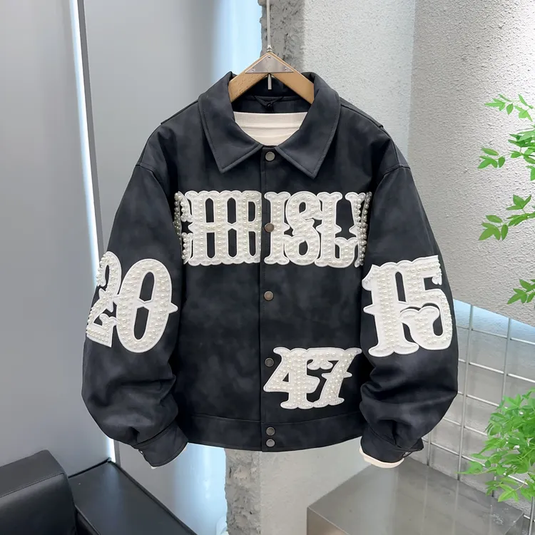 美式嘻哈字母男刺绣翻领棉服秋冬皮衣保暖棉衣外套潮牌宽松面包服