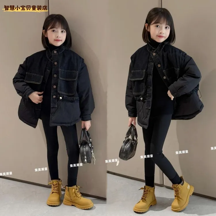 童泰【冬季新款】黑色牛仔拼接假两件棉衣服女童2025新款加厚棉袄保