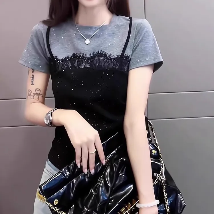 圆领蕾丝假两件短袖T恤夏季薄款胖MM大码女装设计感修身显瘦上衣