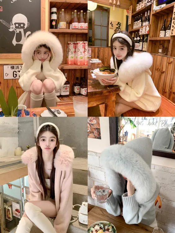 RUMISHOP【白茶可颂】狐狸毛连帽针织外套 温柔高级拉链开衫