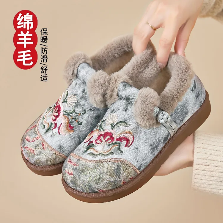 2025绵羊毛冬季老北京棉鞋女加绒加厚保暖妈妈鞋一脚蹬厚底绣花鞋