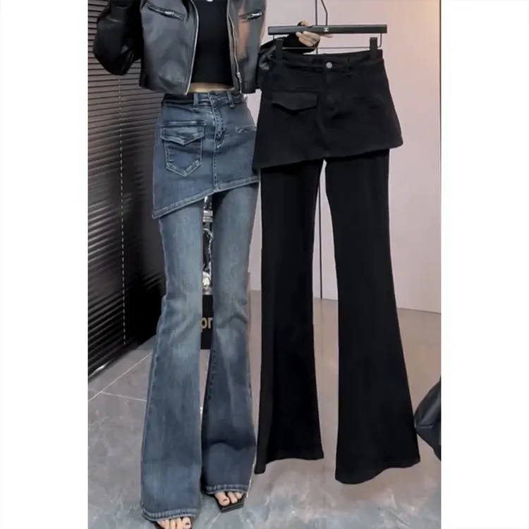 艾塔莉加厚假两件微喇牛仔裤女秋冬新款显瘦马蹄裤弹力喇叭裤长裤