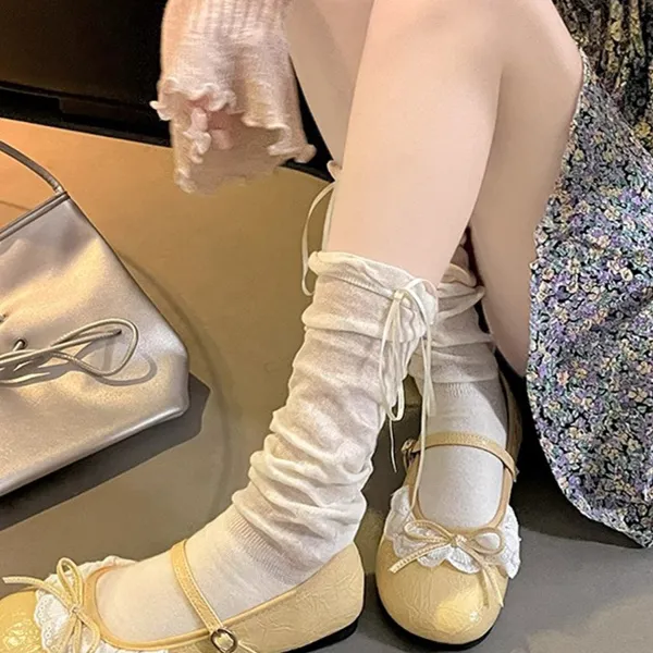 甜美法式芭蕾风夏薄款花边中筒袜少女蝴蝶结堆堆袜配玛丽珍皮鞋m