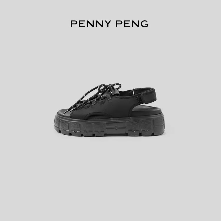 PENNYPENG 松糕凉鞋 双色一字式扣带绑带鞋透气外穿时尚厚底女鞋