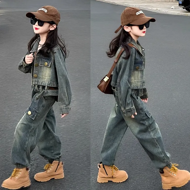 女童牛仔套装2025春季新款中大童韩版哈伦工装裤两件套休闲时髦潮