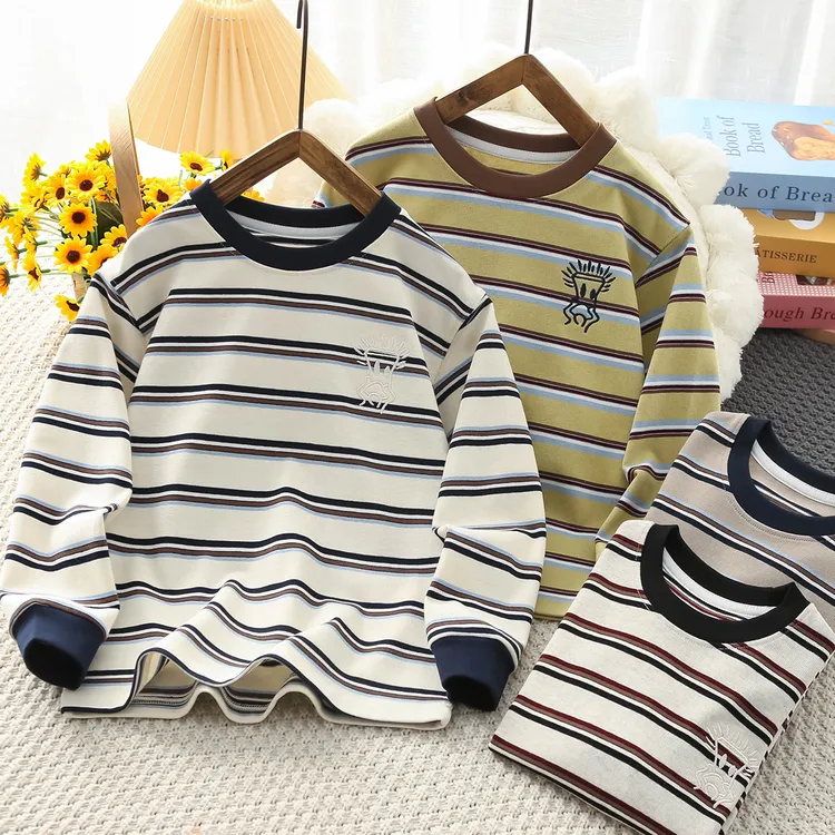 男童纯棉条纹长袖T恤2025秋季中大童圆领休闲卫衣春秋打底衫1930