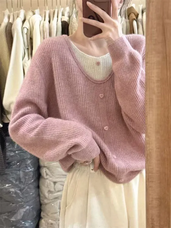 大码女装秋冬法式复古慵懒风绿色假两件毛衣针织衫女宽松显瘦上衣
