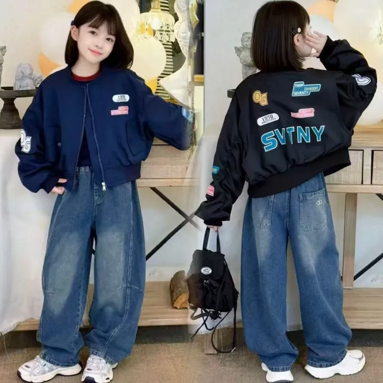 美式大字母棒球服外套女童春秋新款洋气时髦休闲牛仔弯刀裤三件套