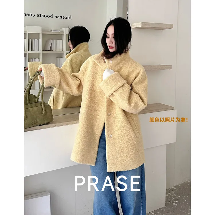 PRASE·噜【黄油曲奇】中长立领大衣保暖气质宽松毛呢外套女PR510S52