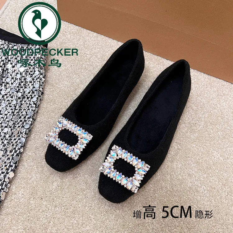 啄木鸟内增高5CM方头浅口钻扣单鞋女小个子爆款玛丽珍加绒毛毛鞋