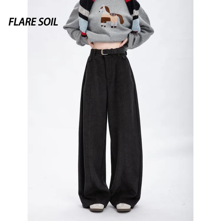 【FLARE SOIL】竖条拼接弯刀裤毛呢裤秋冬保暖裤子 T4909B