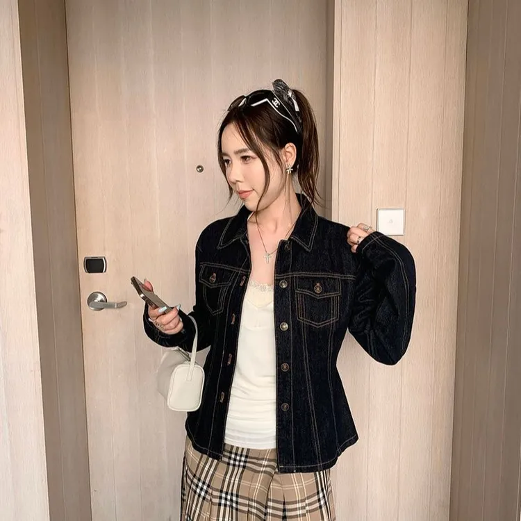 藏青牛仔夹克美式修身显瘦设计小众遮肉短外套春季时髦模范尖子生
