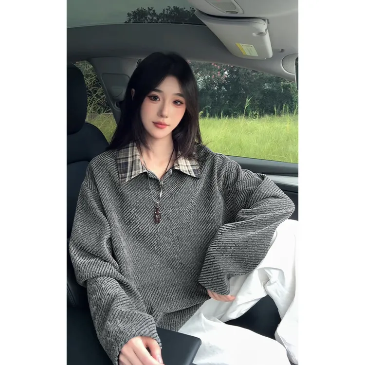 重磅雪尼尔长袖t恤男秋季美式小香风翻领打底衫大码宽松卫衣外套