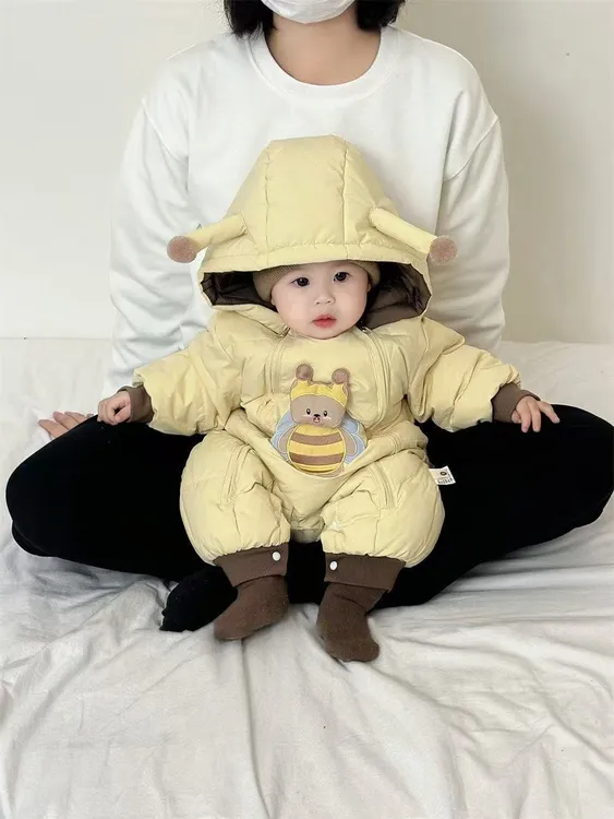 婴儿加厚宝宝保暖羽 绒棉外出服新生儿加绒冬季爬服连体衣冬装