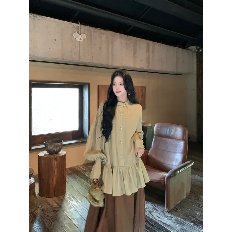 ICELOLLY立领塔克线巨好看的长袖衬衫女2025秋季新款小众衬衣上衣