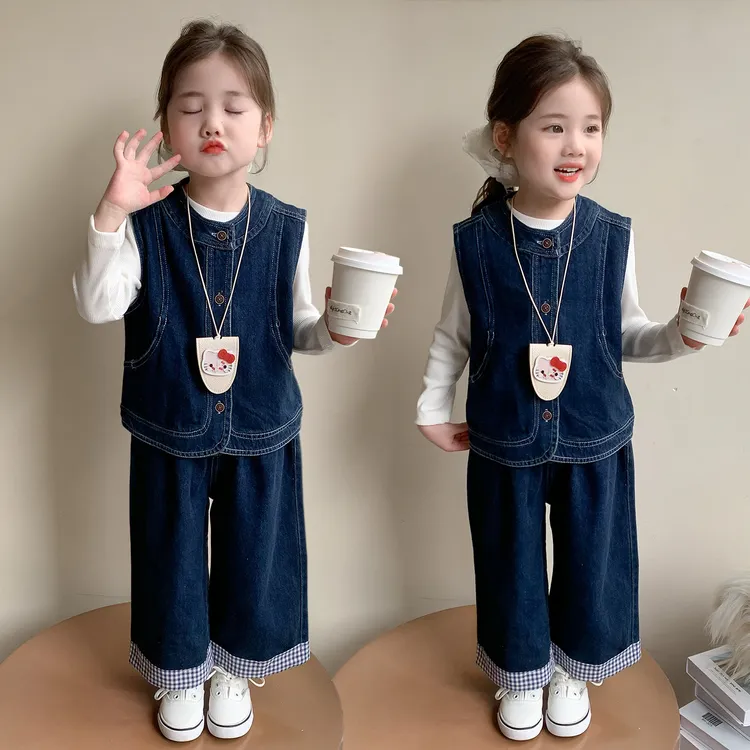 童装女童牛仔马甲三件套洋气时髦小女孩时尚穿搭韩版休闲春秋装潮