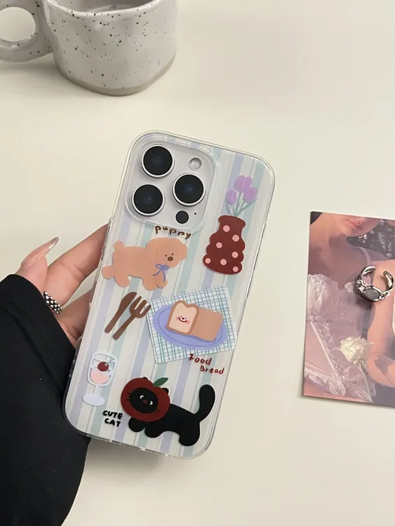 可爱水果面包猫狗适用苹果16pro手机壳15新款全包网红双层IMD男女