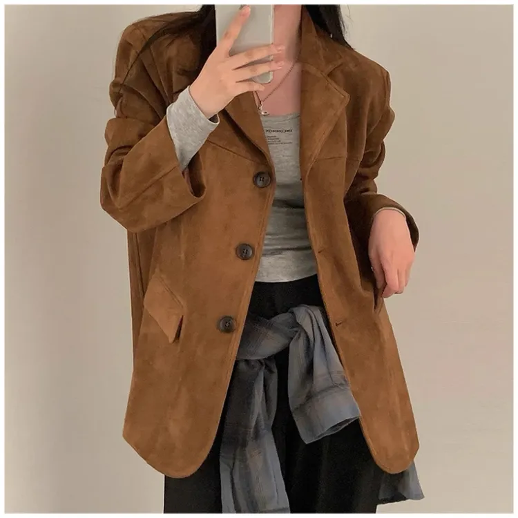 2025秋冬复古美拉德西装领仿鹿皮绒宽松休闲百搭款长袖外套女