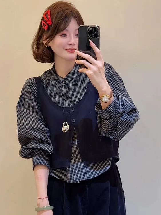 韩系复古格子圆领长袖衬衫女2025早秋新款高级感减龄洋气背心上衣