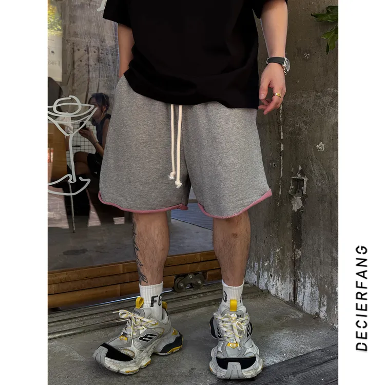 定制重磅纯棉毛圈水洗双色料美式水洗休闲百搭宽松直筒五分裤短裤