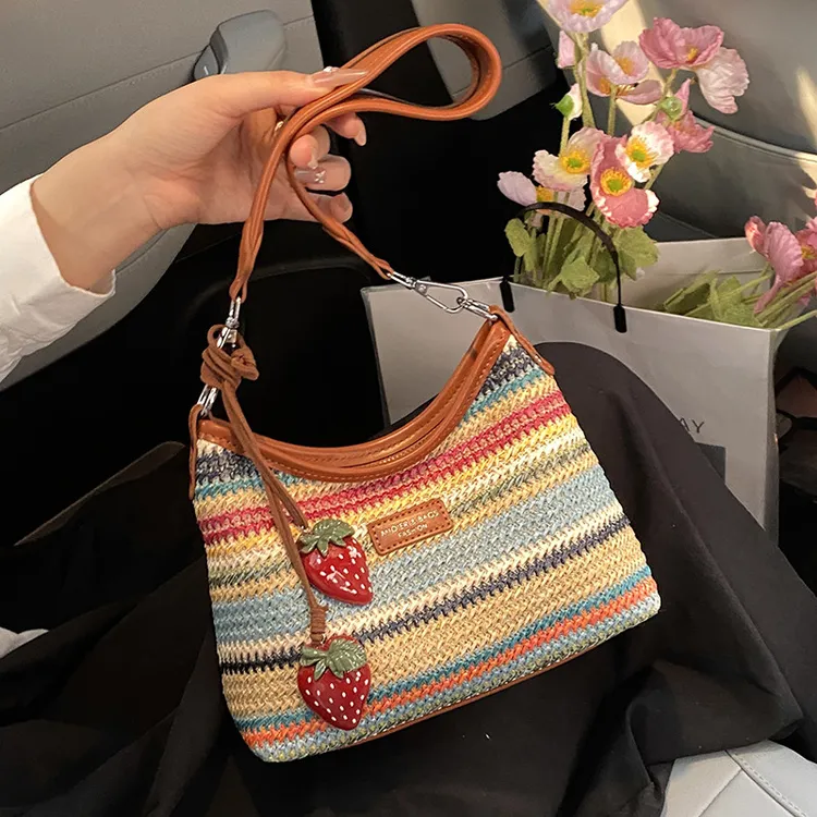 夏日爆款彩色草编腋下包女2025新款沙滩度假手提单肩包编织斜挎包