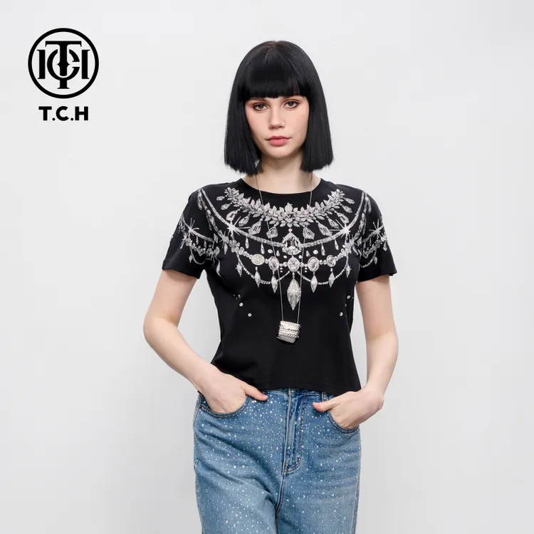 TCH 欧式烫钻半袖上衣街头时尚情侣款短袖T恤T75B106085
