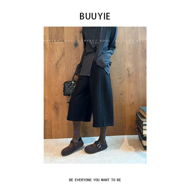 BUUYIE【墨言】绵羊毛混纺毛呢七分裤松弛小个子休闲阔腿裤251070