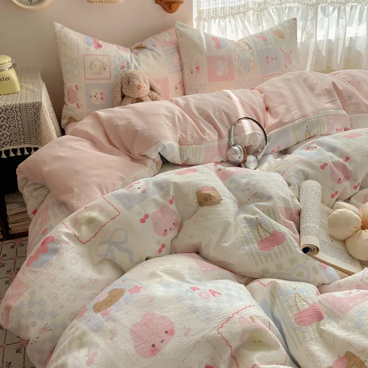 A类小清新云感双层纱印花四件套邹邹纱宿舍三件套单双人床上用品