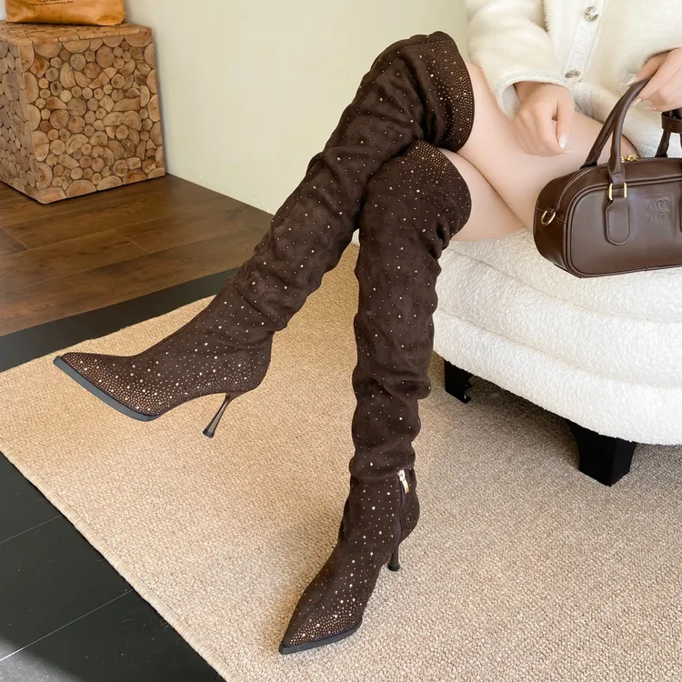 【7公分】2025秋冬新款法式尖头气质满钻套筒细跟高跟过膝堆堆靴