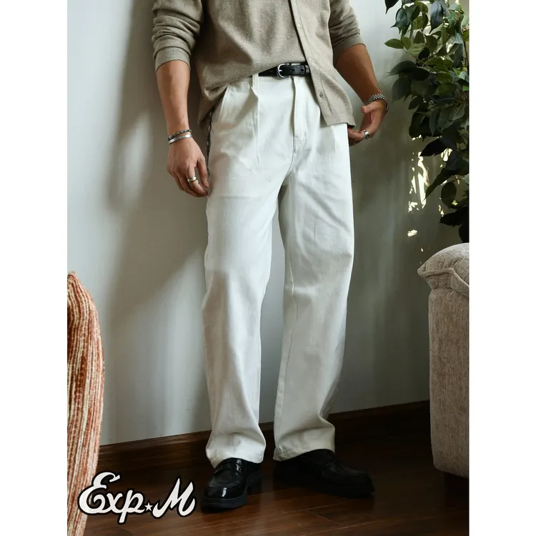 柴米美式复古老钱风白色直筒休闲裤男全棉西装裤咔叽中腰直筒长裤
