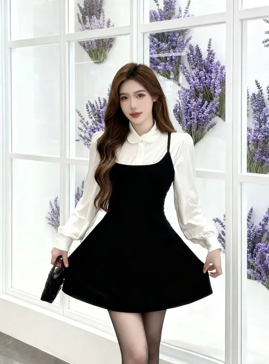 留洋千金冬季新款高级感气质内搭上衣+吊带连衣裙套装