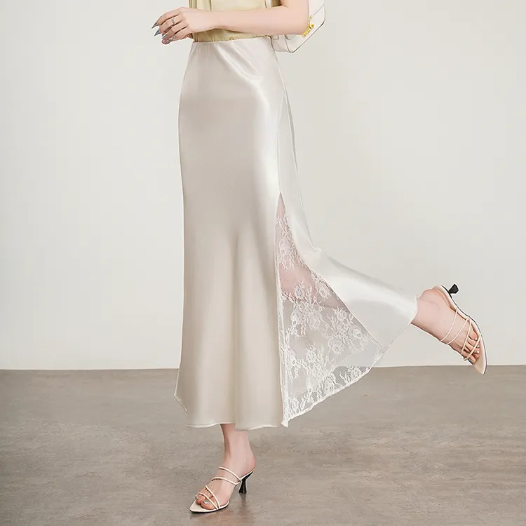 白色缎面开叉蕾丝拼接半身裙高腰修身a字裙醋酸裙鱼尾长裙女夏季