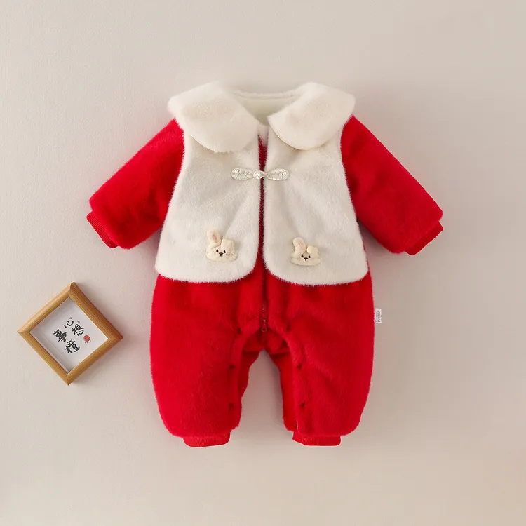 2025年冬季新款婴幼儿400克加厚夹棉女宝宝外出连体衣洋气拜年服