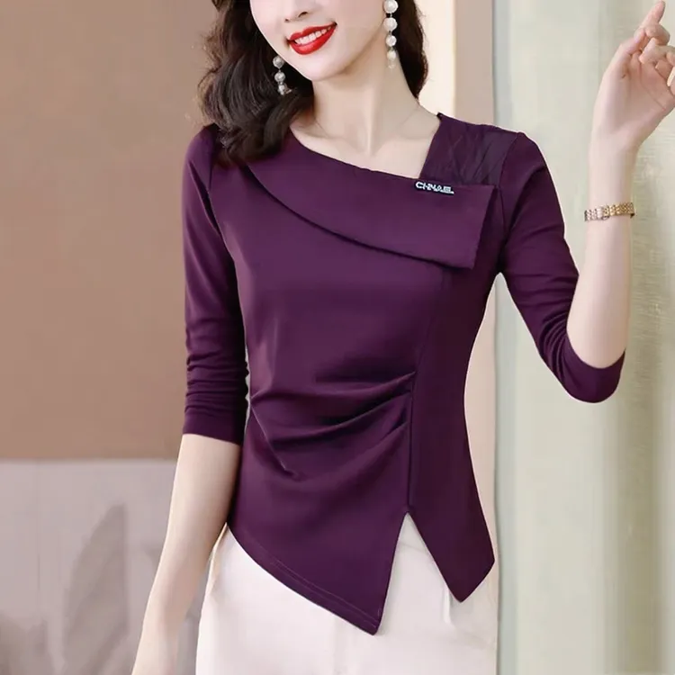 紫色长袖t恤女秋冬2025新时尚打底衫显瘦百搭不规则黑色洋气上衣
