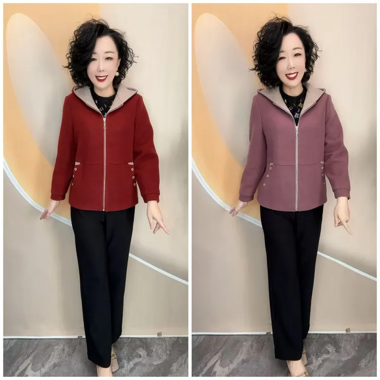 909新款优雅妈妈纯色加衬宽松大码大方厚外套，衣长65